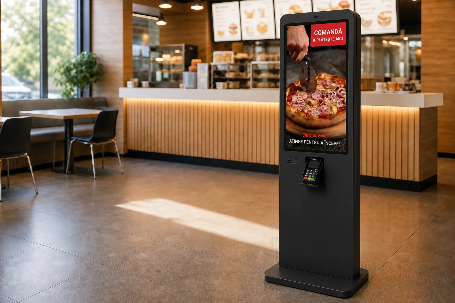 Kiosk Self-Service Nexus amplasat într-un restaurant fast-food, cu acces la Catalog, Opțiuni, Comandă și Plată