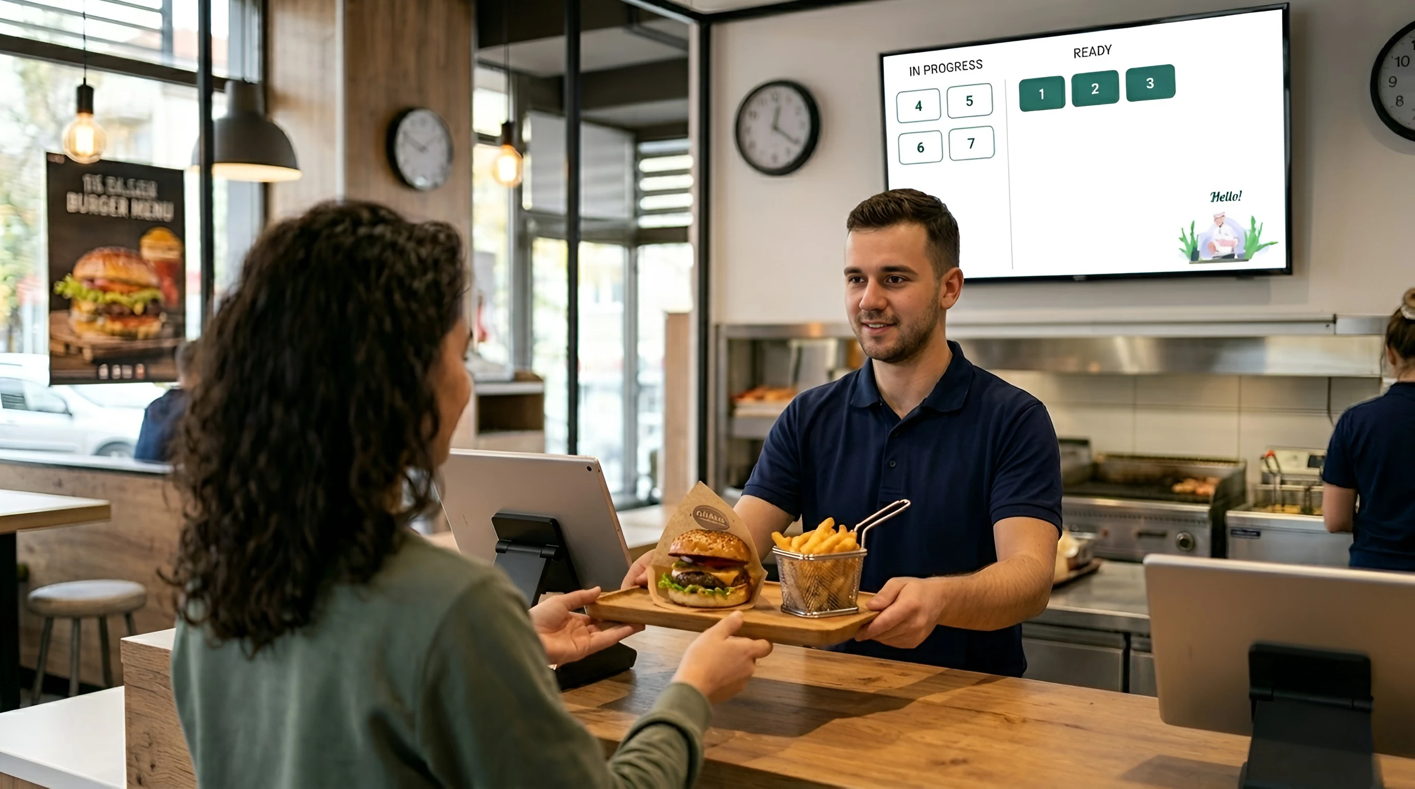 Predarea comenzii lângă ecranul de status din restaurant