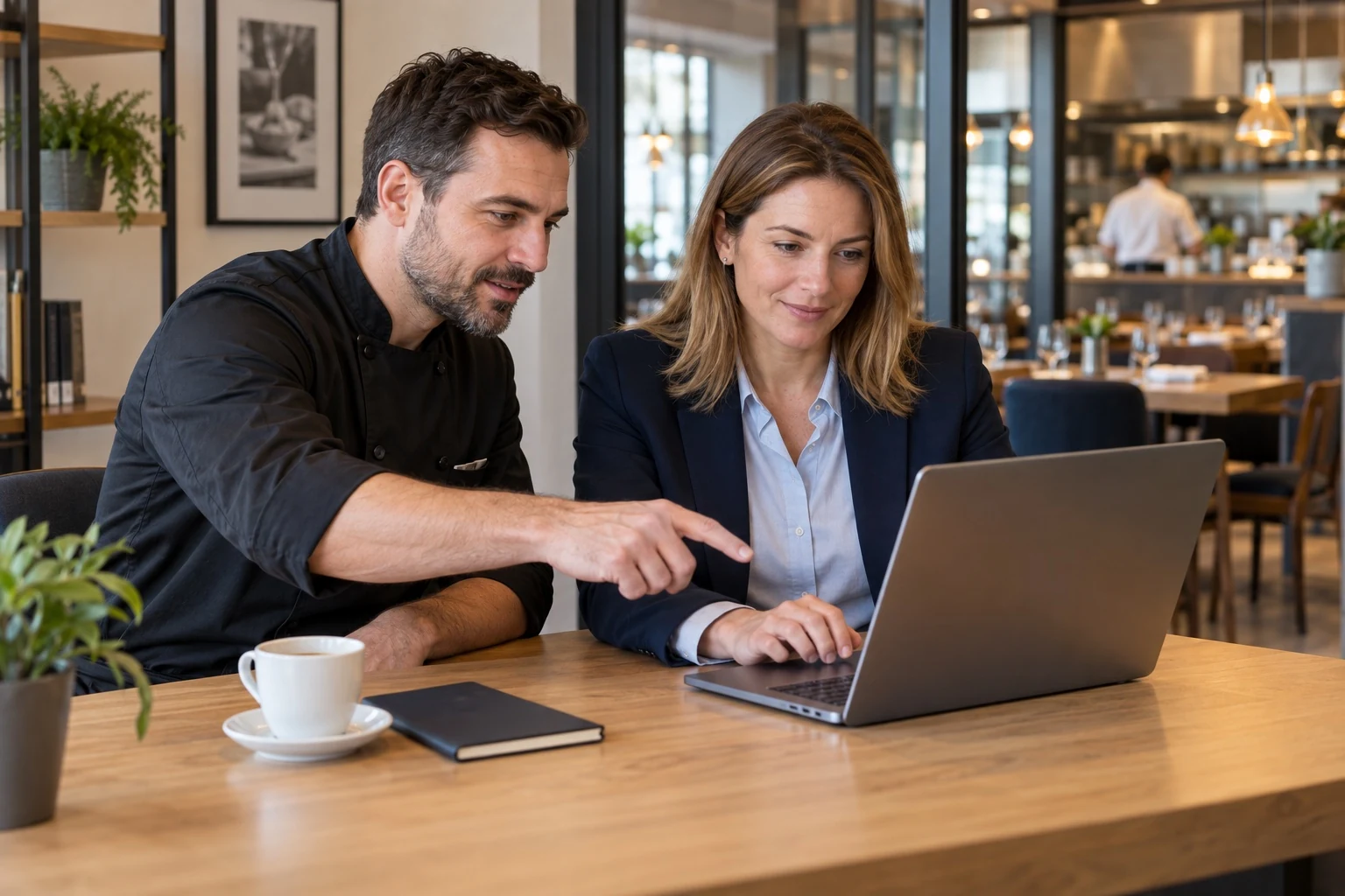 Managerul unui restaurant și un contabil analizează împreună activitatea la laptop