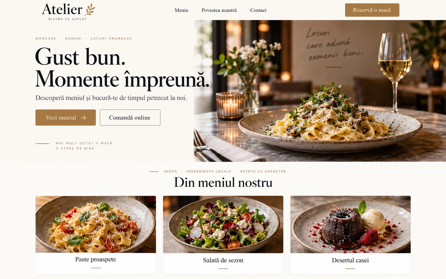 Branded website concept showing a menu, online orders and bookings
