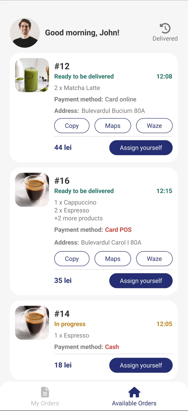 Courier mobile app showing orders and delivery addresses