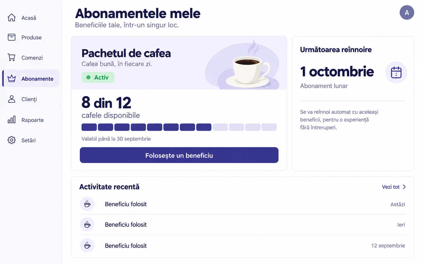 Dashboard concept showing subscriptions, available benefits and the renewal date
