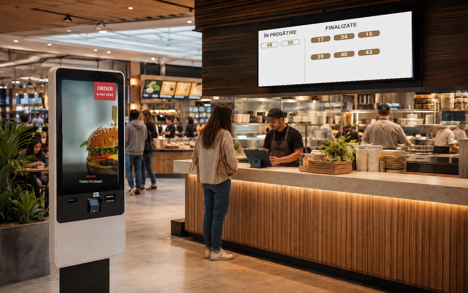 Fast-food cu Kiosk Self-Service, POS & Comenzi și Status comenzi