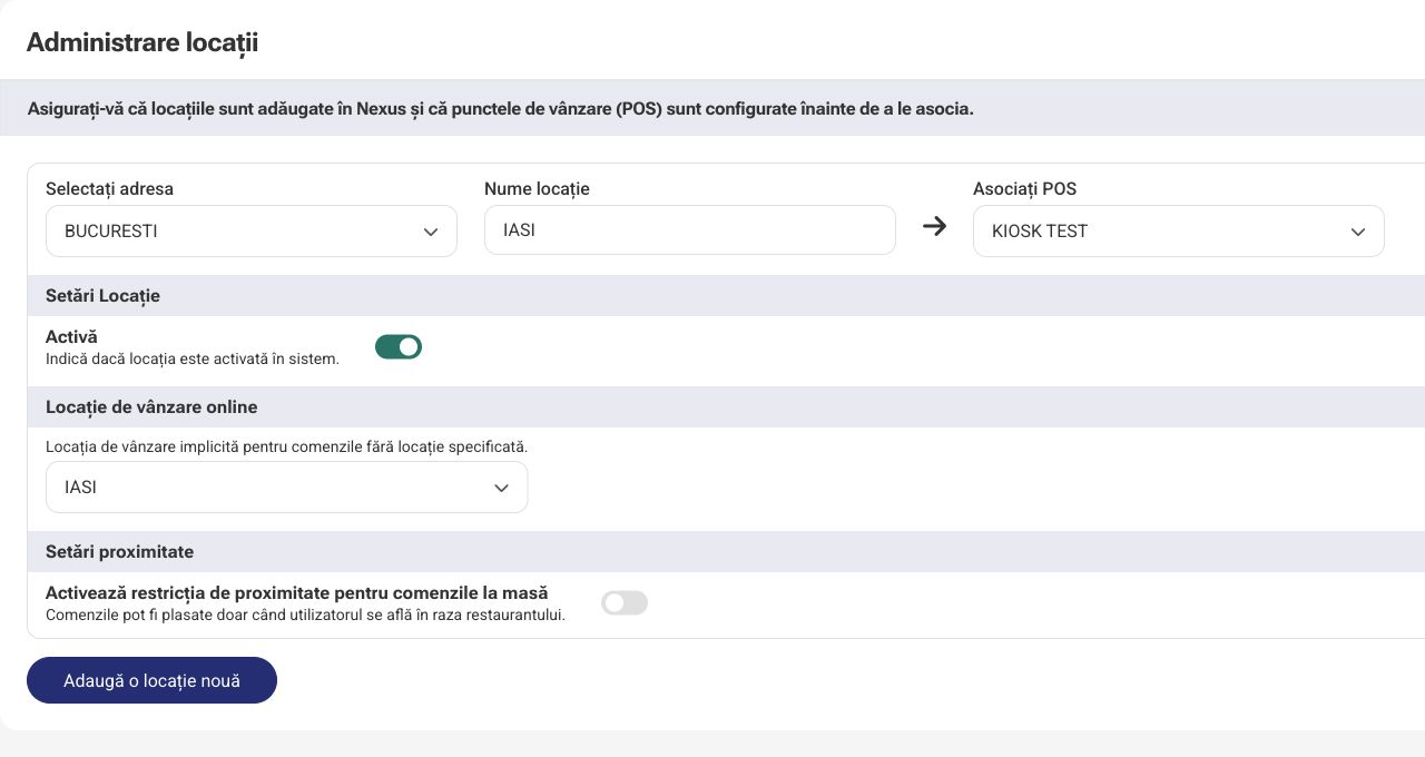 Configurarea locației și asocierea punctului de vânzare cu datele Nexus ERP